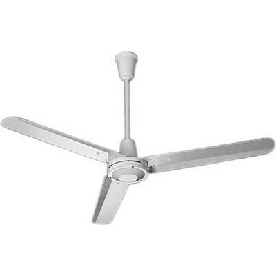 Ventilateur de plafond à trois pales argentées, installé sur un plafond blanc.
