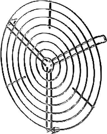 Grille métallique ronde, de forme spiralée, typiquement utilisée comme protection de ventilateur.