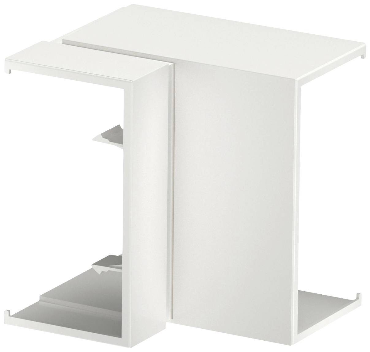 Une table blanche, moderne et modulaire, composée de deux éléments coulissants de hauteurs différentes, en métal.