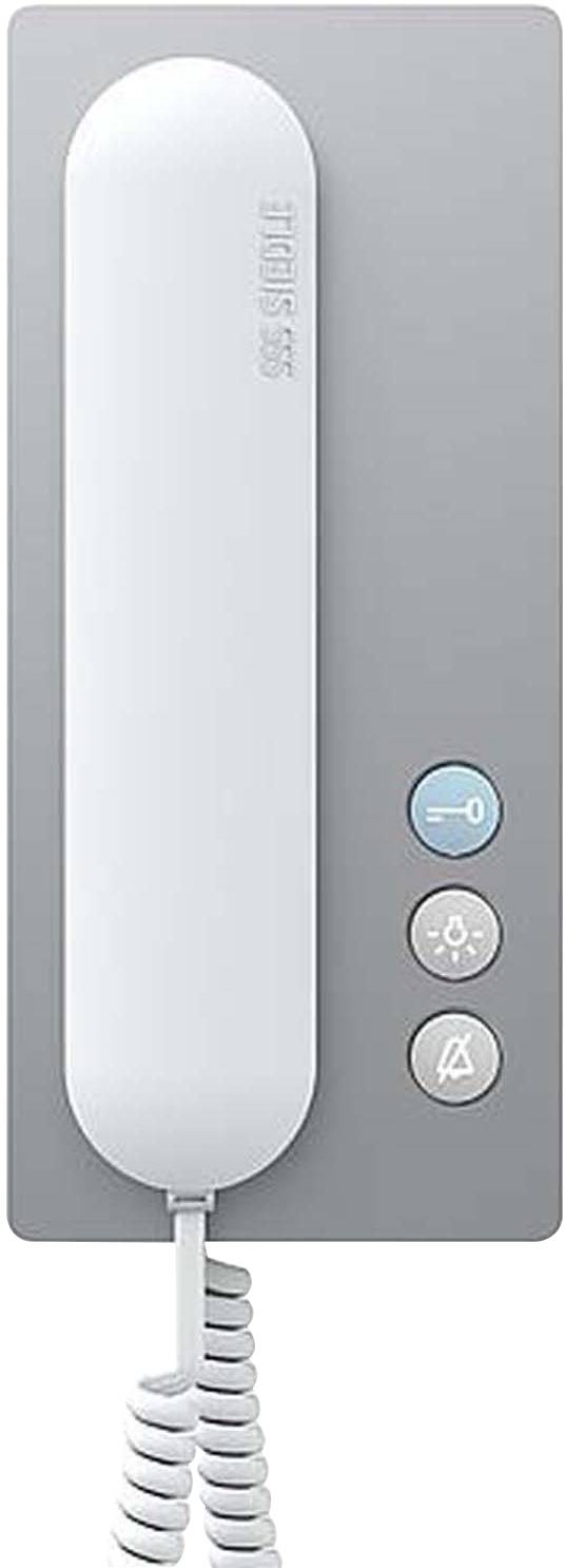 Un téléphone mural moderne avec un boîtier gris et trois touches : une avec un symbole de clé, une avec un symbole de sonnerie.