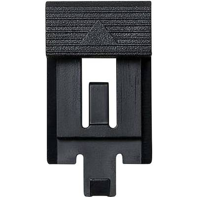 Une pièce en plastique noir, rectangulaire, avec une section rainurée en haut et un clip médian saillant en bas, adaptée pour la fixation.