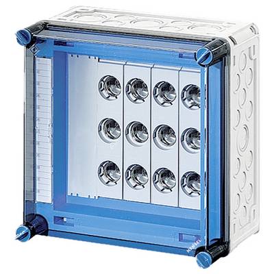 Boîte de distribution électrique avec un cadre bleuâtre et plusieurs points de connexion circulaires sur la façade avant.