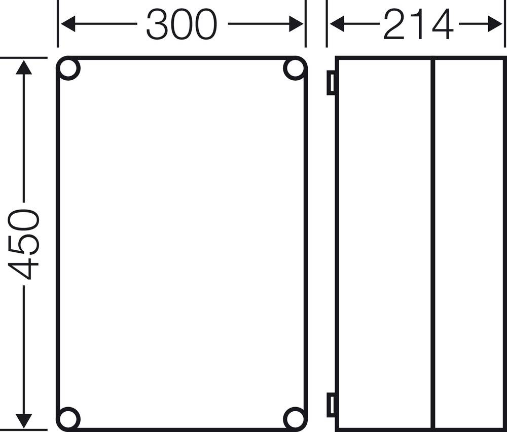 Dessin technique d'un boîtier rectangulaire aux dimensions 300 x 214 x 450 mm, représentant la vue de dessus et la vue latérale.