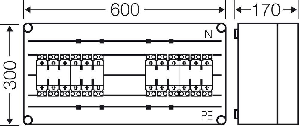 Dessin technique d'un distributeur électrique, dimensions : 600x300x170 mm. Présente l'emplacement des interrupteurs et des points de câblage.