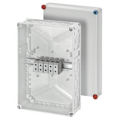 Un boîtier électrique gris en plastique avec plusieurs blocs de connexion et une rail DIN montée, adapté aux applications industrielles.