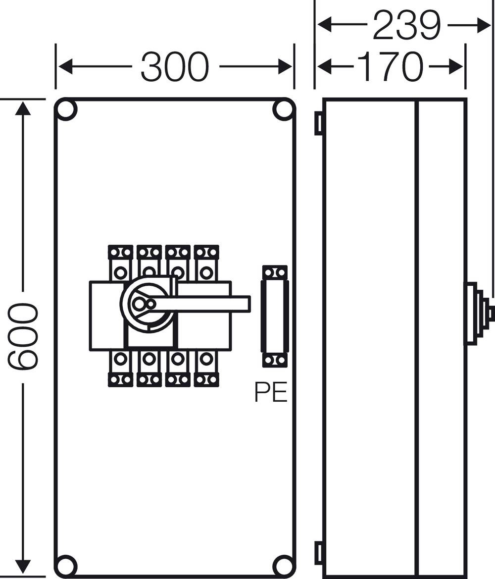 Dessin d'un boîtier électrique avec dimensions : 600 mm x 300 mm x 170 mm. Le levier et la connexion de terre (PE) sont visibles.