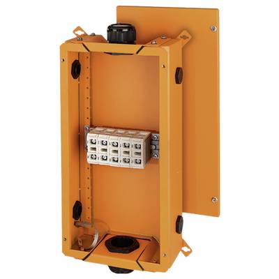 Boîte électronique orange avec boîtier ouvert et plusieurs connexions à l'intérieur, adaptée aux installations techniques.