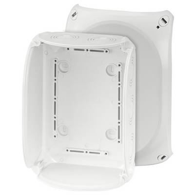 'Deux boîtes d'électricité en plastique blanc de différentes tailles, emboîtées l'une dans l'autre, avec des entrées latérales visibles.'