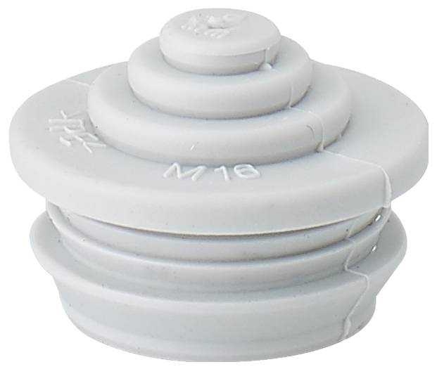 Bouchon en plastique gris arrondi avec plusieurs bagues étagées, portant l'inscription 'M/16' visible, probablement utilisé pour l'étanchéité.