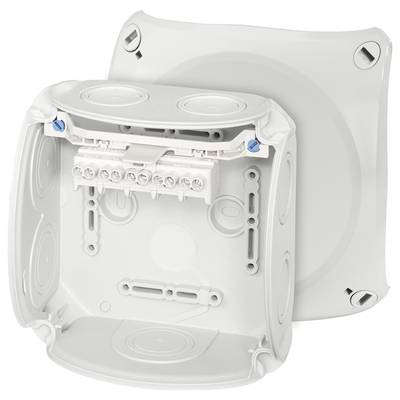 Boîte de connexion en plastique avec couvercle ouvert, montrant le câblage interne et les points de montage. Adaptée aux installations électriques.