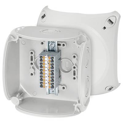 Prise électrique avec couvercle retiré, montrant le câblage interne et le bloc de bornes, fabriquée en plastique.