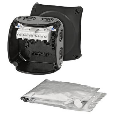 Boîtier noir avec couvercle ouvert, montrant les connexions internes, à côté d'un sachet scellé contenant probablement des composants associés.