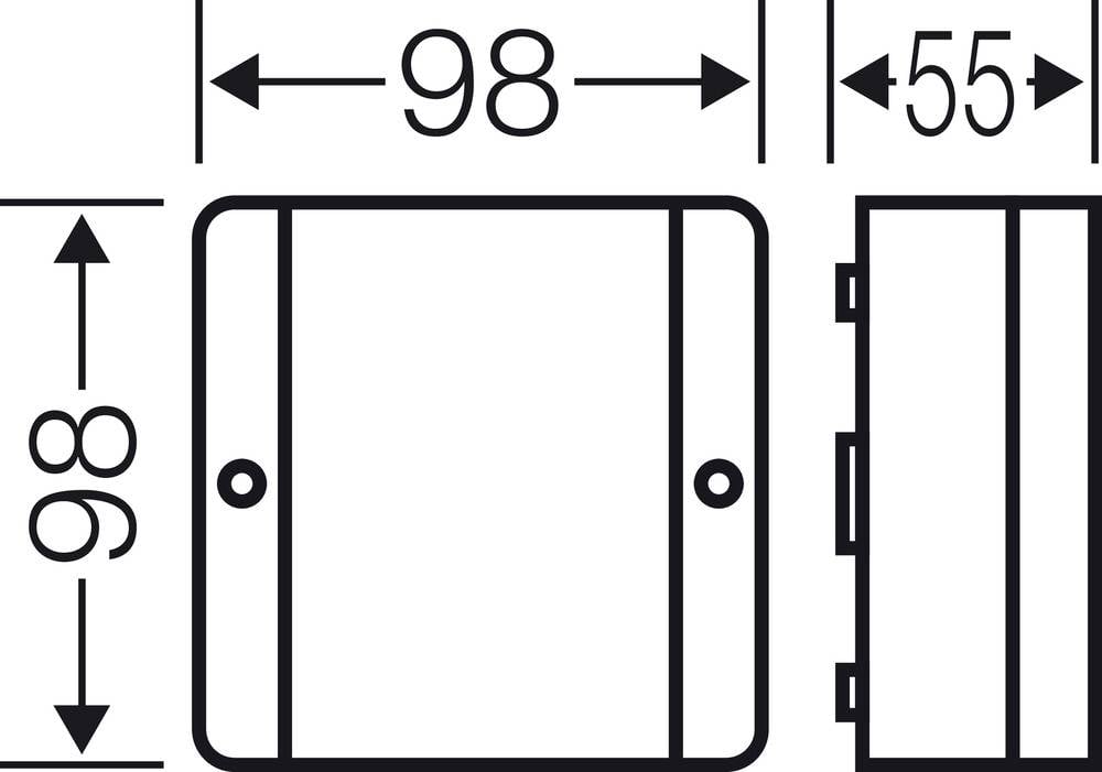 'Dessin technique d'un rectangle avec dimensions : largeur 98 mm, hauteur 98 mm, profondeur 55 mm.'