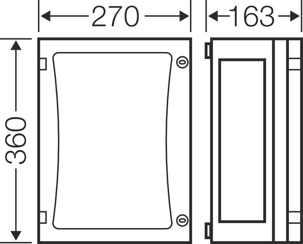 Dessin technique d'un boîtier rectangulaire avec dimensions : largeur 270 mm, hauteur 360 mm, profondeur 163 mm. Vue de dessus et vue latérale.