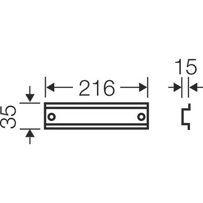 Dessin technique d'une pièce rectangulaire, longue de 216 mm, haute de 35 mm, profonde de 15 mm, avec deux trous à gauche et à droite.