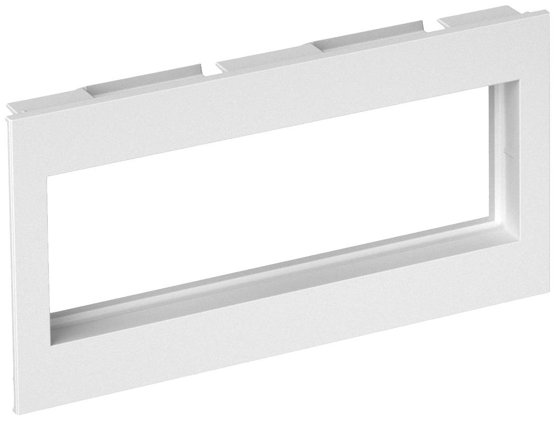 Un cadre rectangulaire en plastique blanc avec une ouverture rectangulaire au centre, probablement destiné à la ventilation ou à la décoration.