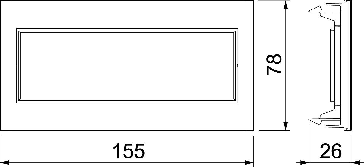 Dessin technique d'un composant rectangulaire avec les dimensions suivantes : 155 mm de longueur, 78 mm de hauteur, 26 mm de profondeur. Vue de côté et vue de dessus représentées.