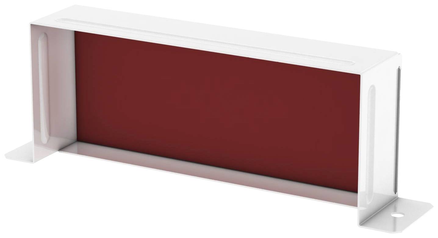 Élément métallique rectangulaire rouge avec un contour blanc et deux pattes latérales pour la fixation ou le montage.