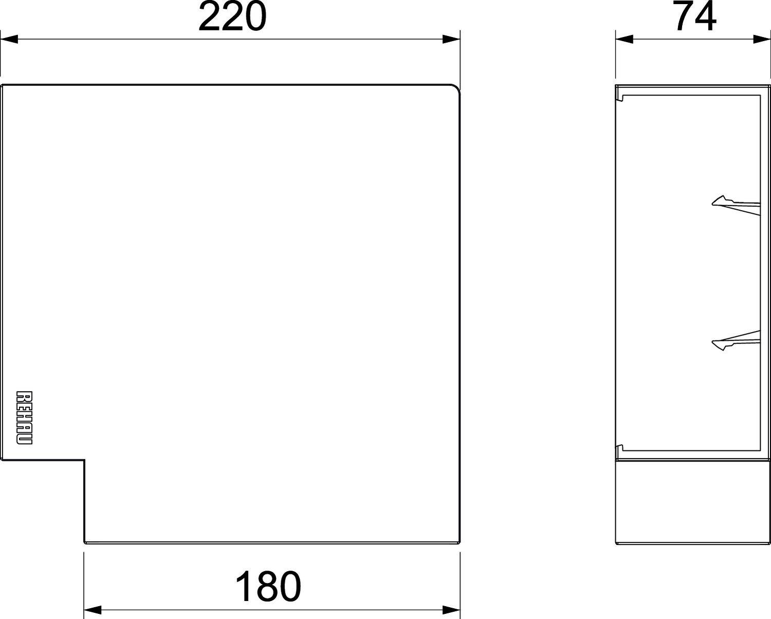 Dessin technique d'un objet rectangulaire avec les dimensions 220 x 74 x 180 mm. Les détails et les connexions sont visibles sur le côté droit.