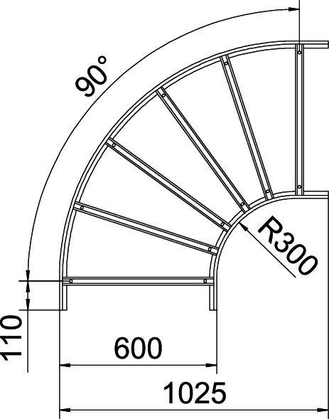 Dessin technique d'une section d'escalier avec un coude à 90 degrés et des rayons de R300 ; dimensions 1025 x 600 mm.
