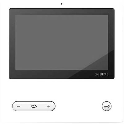 Un écran interactif de Siedle, entouré d'un cadre blanc. Deux petits boutons de commande sont situés en bas.
