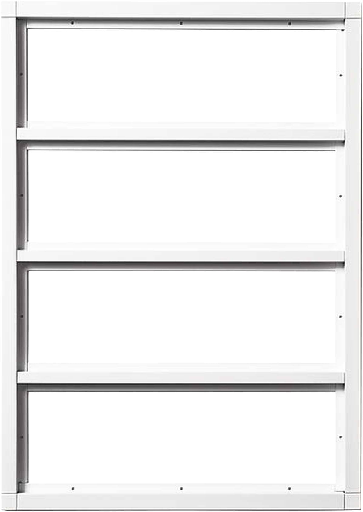 Étagère blanche vide avec quatre tablettes, devant un arrière-plan neutre.