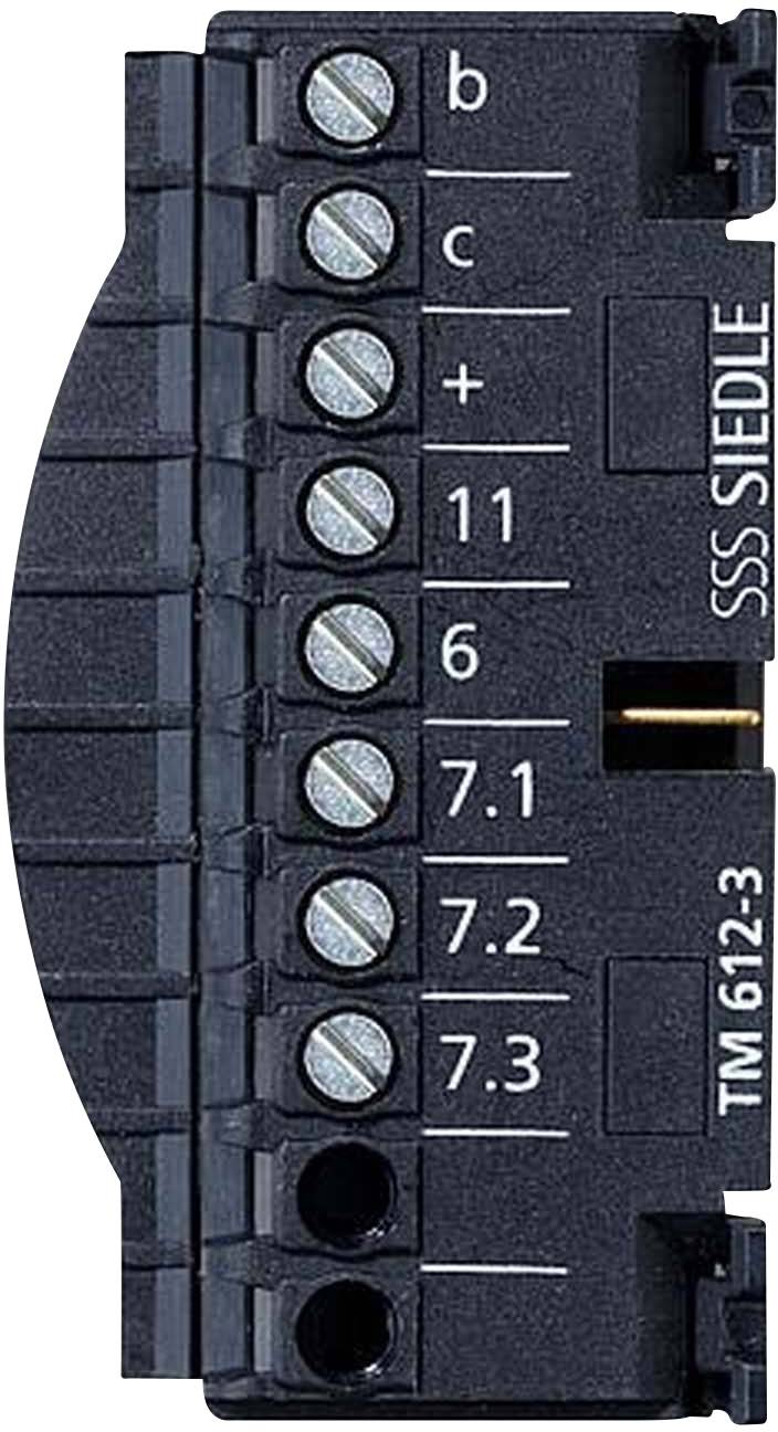 Module de connexion 'SSS Siedle TM612-3' avec bornes étiquetées : b, c, +, 11, 6, 7.1, 7.2, 7.3. Pour installations électriques.