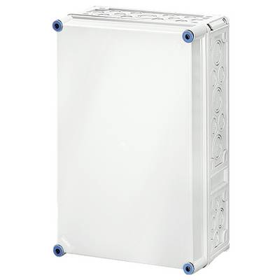 Boîtier rectangulaire aux angles arrondis, fermeture bleue à chaque coin, couleur blanc neutre, adapté aux installations électriques.