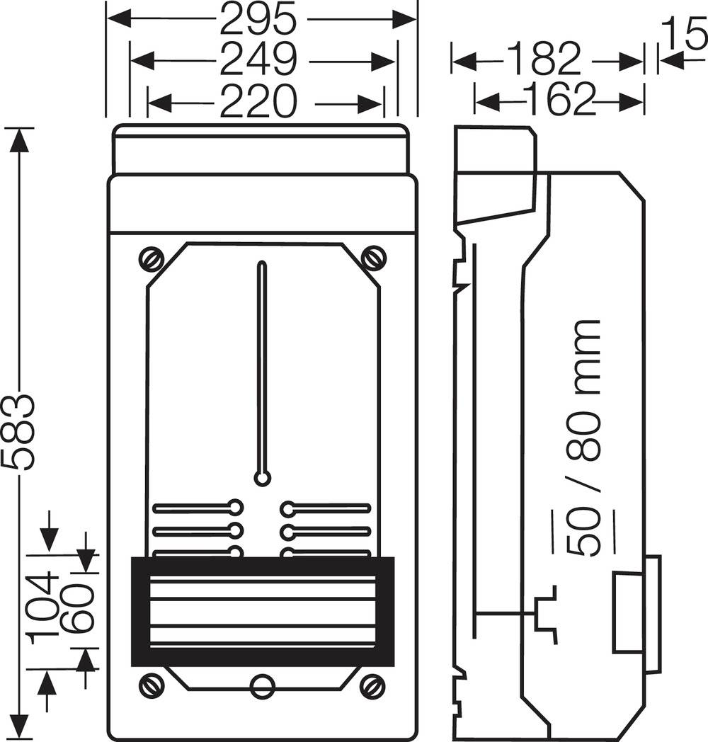 Dessin technique d'un appareil électronique avec dimensions : hauteur 583 mm, largeur 295 mm, profondeur 182 mm.