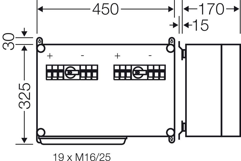 Dessin technique d'un appareil rectangulaire de dimensions 450x325 mm. Les connexions sont marquées avec '+' et '-'.