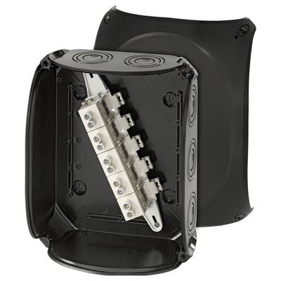 Boîtier en plastique noir avec support amovible incliné et plusieurs bornes de connexion à l'intérieur.