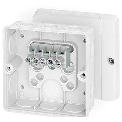 Boîte de connexion blanche avec cinq bornes pour la fixation de câbles électriques, présentée ouverte.
