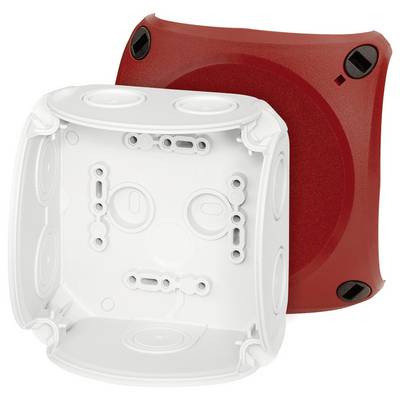 Boîte en plastique rouge et blanche, vide et ouverte, avec des connecteurs et des éléments de fixation.