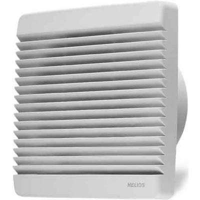 Ventilateur de ventilation carré blanc avec des lamelles horizontales, visible sous un angle.