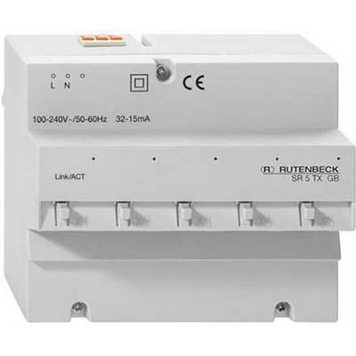 Un commutateur réseau blanc avec cinq ports Ethernet, des voyants LED et des étiquettes indiquant la tension et l'intensité du courant.