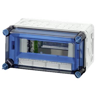 Un boîtier rectangulaire en plastique transparent avec des touches bleues et noires, posé sur une table.