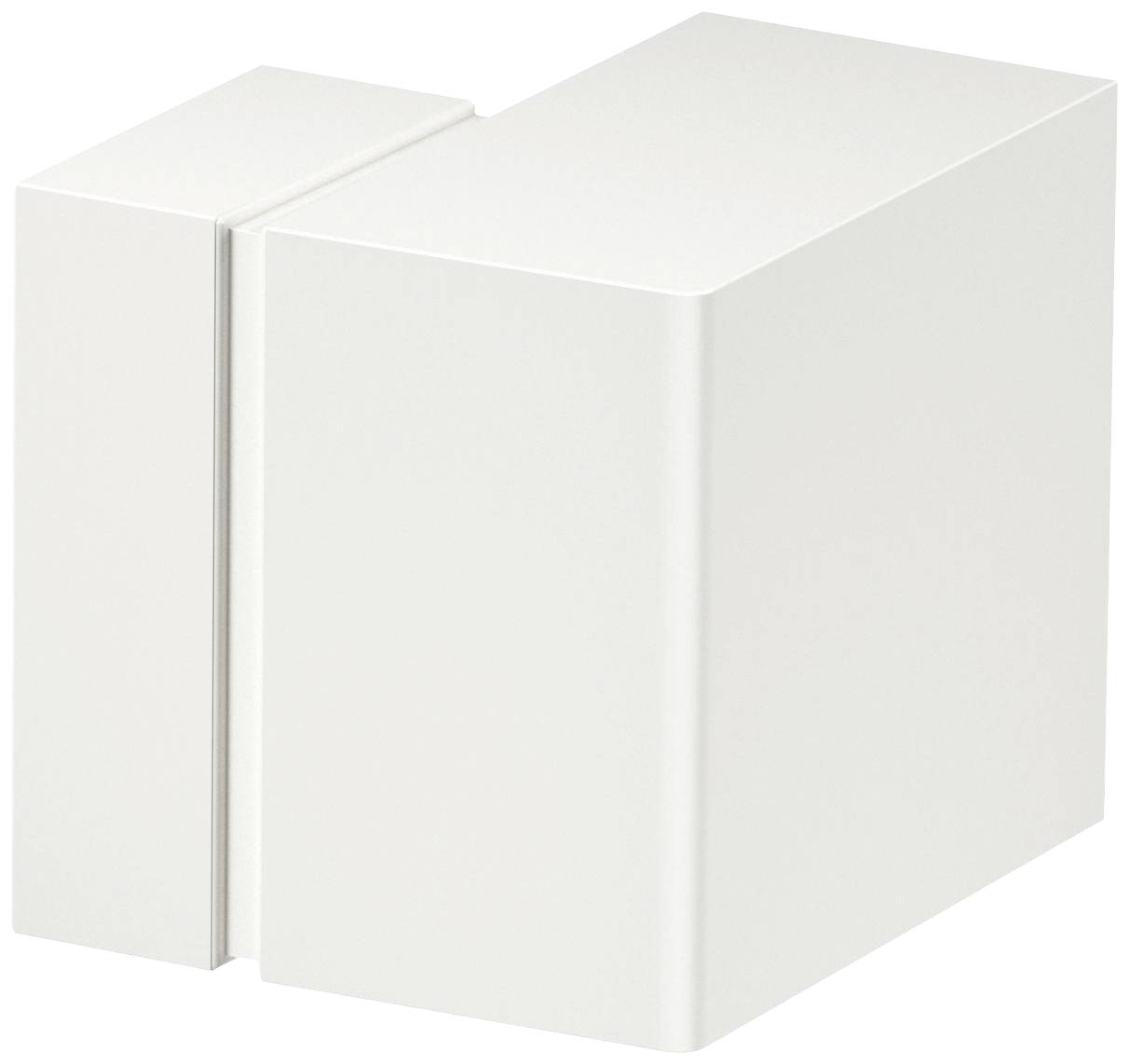 Un bloc rectangulaire blanc en métal avec une petite extension latérale.
