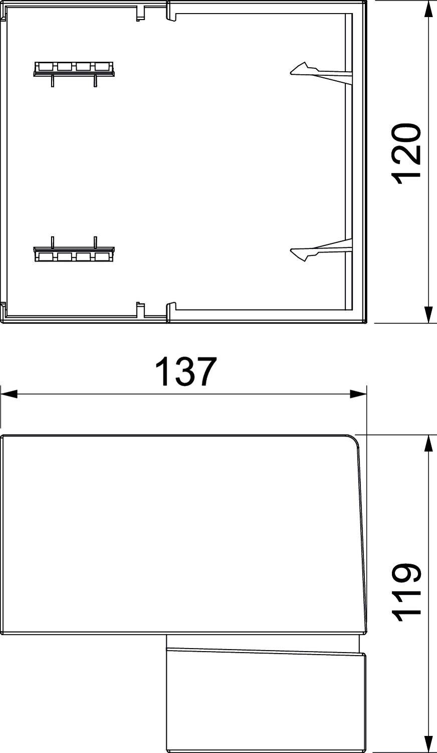 Dessin technique d'un boîtier rectangulaire avec dimensions intérieures : 120 mm x 137 mm x 119 mm. Présente les perçages et points de fixation.