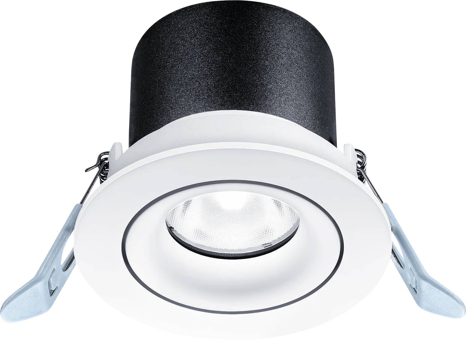 Luminaire encastré avec cadre rond blanc, boîtier noir et deux clips bleus utilisés pour l'installation.