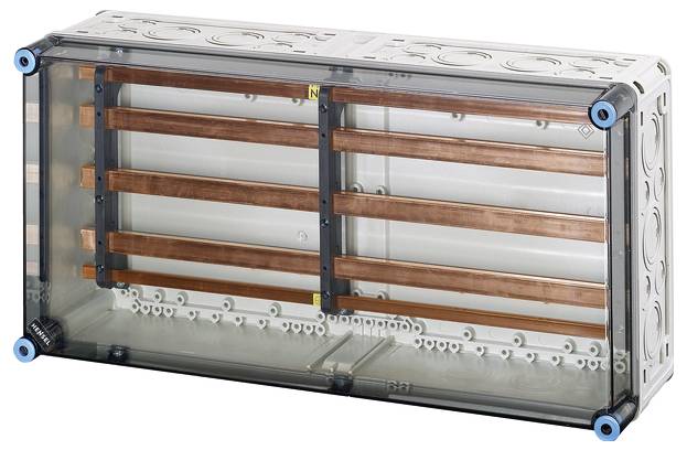 Boîte de distribution transparente avec plusieurs barres de cuivre horizontales à l'intérieur, adaptée à l'organisation et à la distribution des câbles électriques.