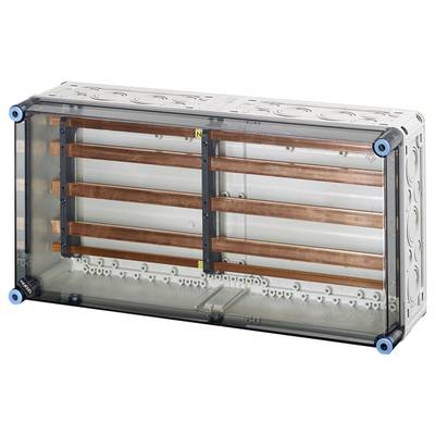 Boîte de distribution transparente avec plusieurs barres de cuivre horizontales à l'intérieur, adaptée à l'organisation et à la distribution des câbles électriques.