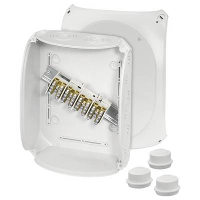 Boîte de dérivation blanche avec quatre entrées de câbles et une barrette de connexion montée à l'intérieur. Trois capuchons d'obturation amovibles à côté.
