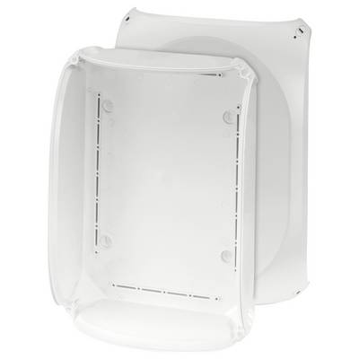 Boîte en plastique blanche rectangulaire, ouverte, montrant plusieurs trous de fixation et rainures. Adaptée à l'organisation des câbles ou à la fixation murale.