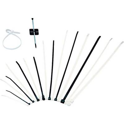 Différents colliers de serrage en noir et blanc, en plastique, triés par taille du plus petit au plus grand.