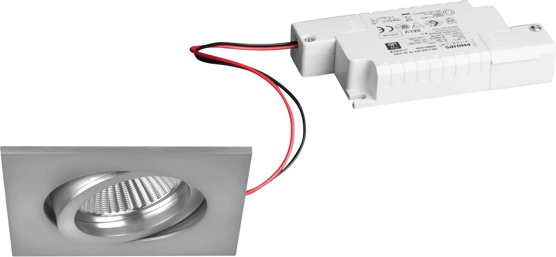 Luminaire carré encastrable à LED avec finition métallique mate, relié à un transformateur rectangulaire blanc par un câble rouge et noir.