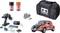 Kit de voiture télécommandée comprenant un modèle de voiture de course, une télécommande, une batterie, un chargeur, des roulements à billes, des pots de peinture et un sac de transport.