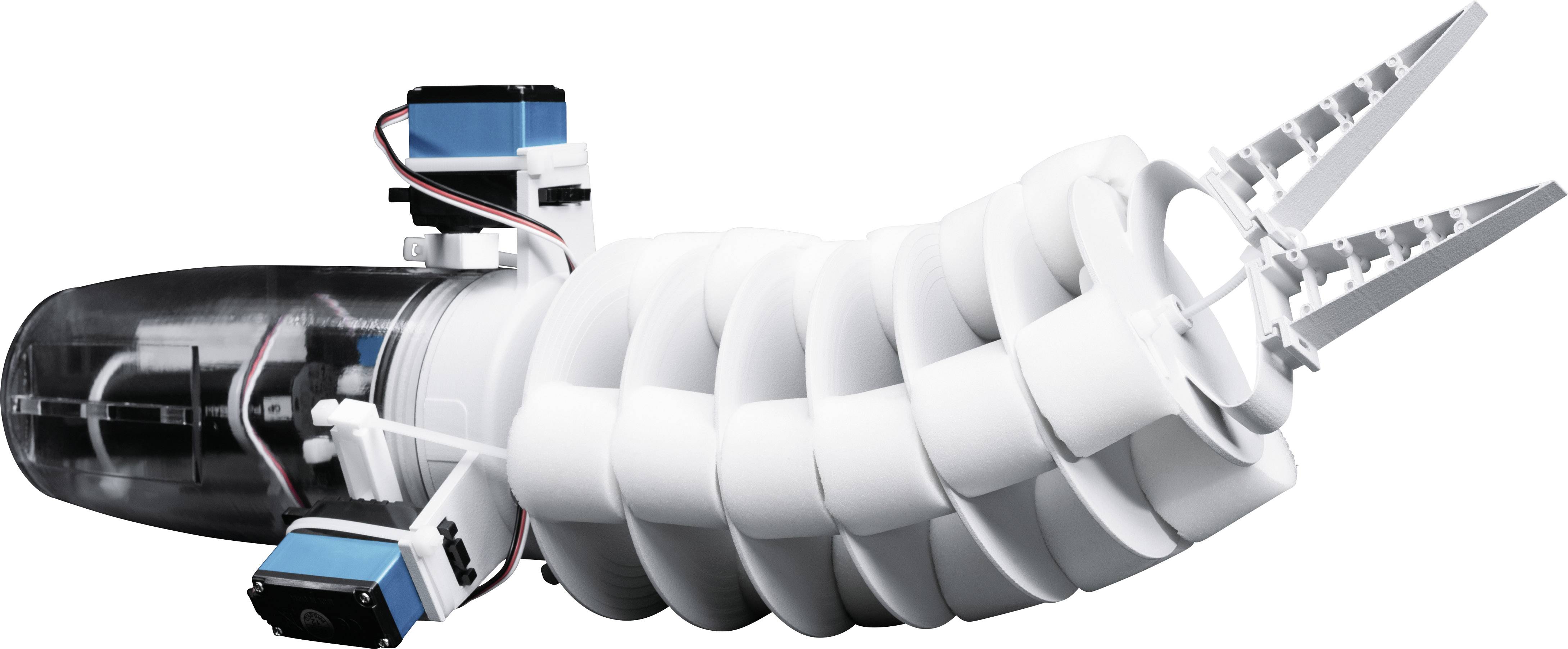 Un bras robotique blanc et gris à structure flexible, avec des composants bleus rappelant une forme spirale.
