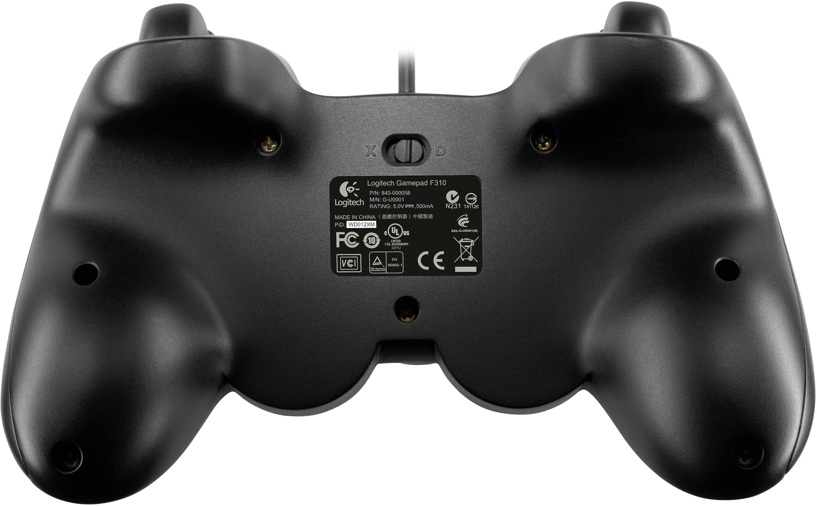 Dos d'un contrôleur de jeu noir avec des étiquettes de modèle et de certification.