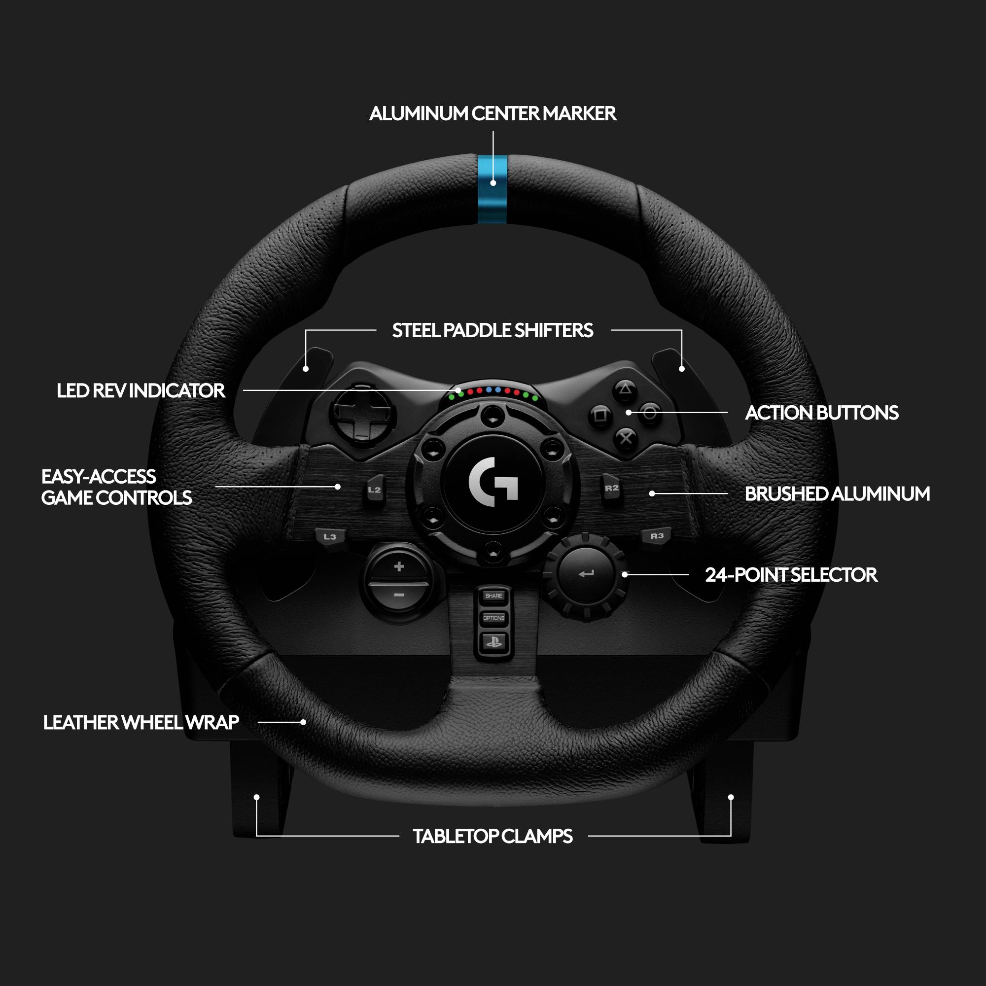 'Volant avec centrage en aluminium, palette de changement de vitesse en acier, affichage LED, touches d'action, régulateur de vitesse et volant en cuir.'
