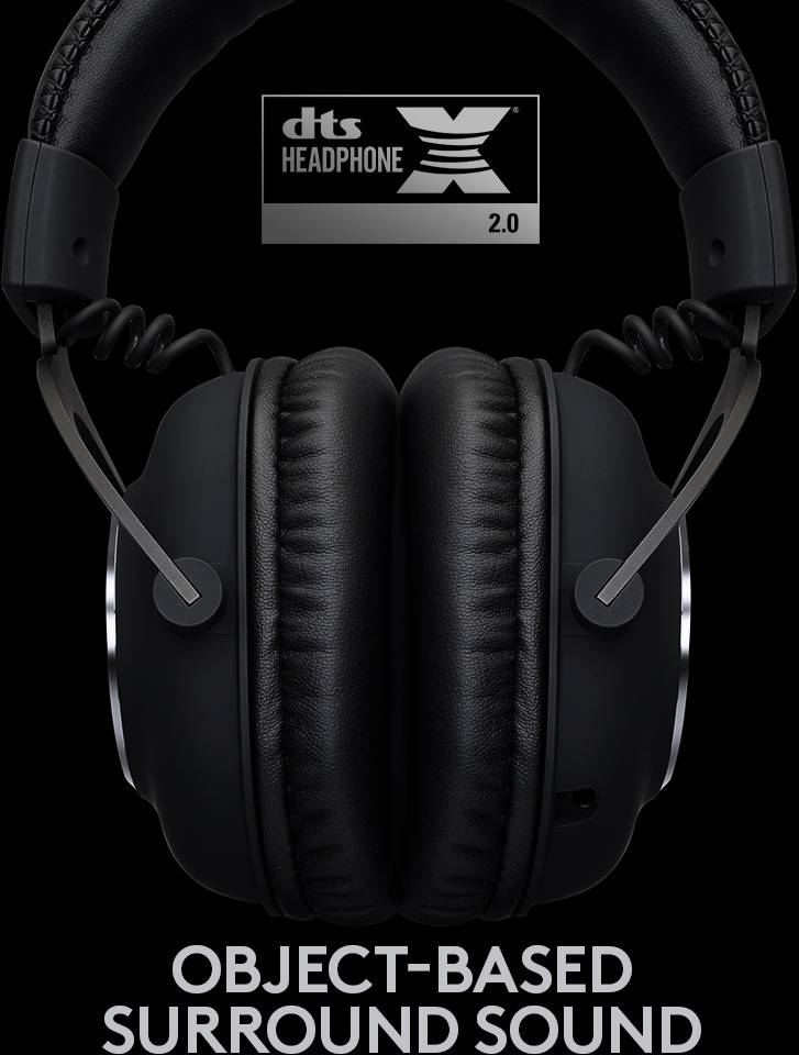 Casque avec l'inscription : « dts Headphone X 2.0 ». En dessous, il est écrit « Son surround à base d'objets ».